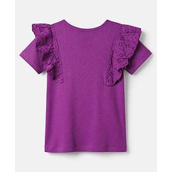 Pine Kids Cotton Lycra Knit Half Sleeves Top with Frill Detailing and Effortlessly Beautiful Embroidery - Purple