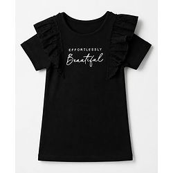 Pine Kids Cotton Knit Half Sleeves Top with Frill Detailing and Effortlessly Beautiful Embroidery in Black for 4-5 Years