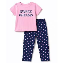 Pine Kids Cotton Knit Half Sleeves Text Printed T-Shirt & Pajama Night Suit - Pink & Navy
