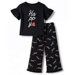 Pine Kids Cotton Knit Half Sleeves Text Printed T-Shirt & Pajama Night Suit - Black