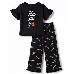 Pine Kids Cotton Knit Half Sleeves Text Printed T-Shirt & Pajama Night Suit - Black