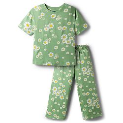Pine Kids Cotton Knit Half Sleeves T-Shirt & Pyjama Co Ords Night Suit Floral Print - Green