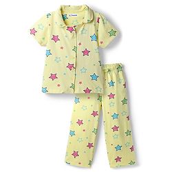 Pine Kids Cotton Knit Half Sleeves Shirt & Pyjama Co Ords Night Suit Star Print - Yellow
