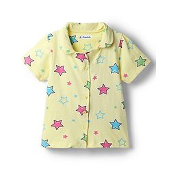 Pine Kids Cotton Knit Half Sleeves Shirt & Pyjama Co Ords Night Suit Star Print - Yellow