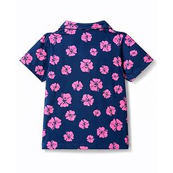 Pine Kids Cotton Knit Half Sleeves Co-Ords Shirt & Pajama Night Suit with Floral Print - Navy