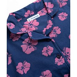 Pine Kids Cotton Knit Half Sleeves Co-Ords Shirt & Pajama Night Suit with Floral Print - Navy