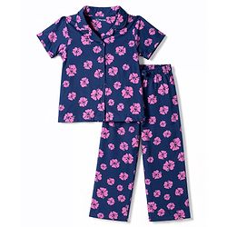 Pine Kids Cotton Knit Half Sleeves Co-Ords Shirt & Pajama Night Suit with Floral Print - Navy