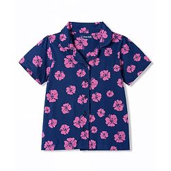 Pine Kids Cotton Knit Half Sleeves Co-Ords Shirt & Pajama Night Suit with Floral Print - Navy