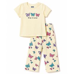 Pine Kids Cotton Knit Half Sleeves Butterfly Printed T-Shirt & Pajama Night Suit - Yellow