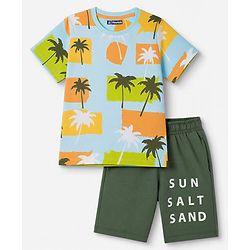 Pine Kids Cotton Knit Half Sleeves T-Shirt & Shorts Night Suit With Tropical & Text Print - Green