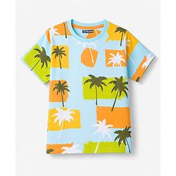 Pine Kids Cotton Knit Half Sleeves T-Shirt & Shorts Night Suit With Tropical & Text Print - Green