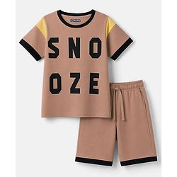 Pine Kids Cotton Knit Half Sleeves T-Shirt & Shorts Night Suit With Text Print - Brown