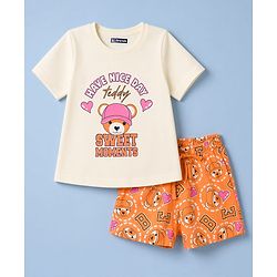 Pine Kids Cotton Knit Half Sleeves Bear Printed T-Shirt & Shorts Night Suit - Cream
