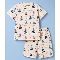 Pine Kids Cotton Knit Half Sleeves T-Shirt & Shorts Night Suit Co-ords With Ship Print - Beige