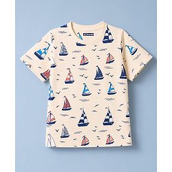 Pine Kids Cotton Knit Half Sleeves T-Shirt & Shorts Night Suit Co-ords With Ship Print - Beige