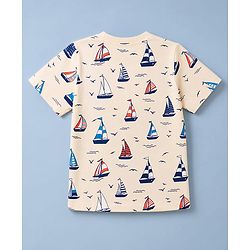 Pine Kids Cotton Knit Half Sleeves T-Shirt & Shorts Night Suit Co-ords With Ship Print - Beige