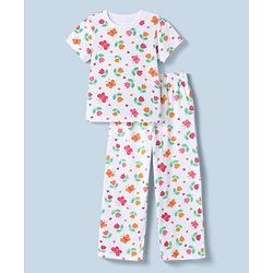 Pine Kids Cotton Knit Half Sleeves Co-Ords T-Shirt & Pyjama Night Suit with Butterfly & Floral Print - White