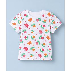 Pine Kids Cotton Knit Half Sleeves Co-Ords T-Shirt & Pyjama Night Suit with Butterfly & Floral Print - White