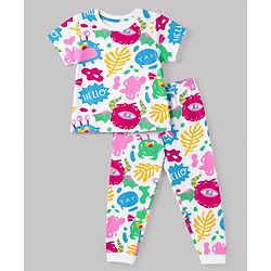 Pine Kids Cotton Knit Half Sleeves T-Shirt & Pyjama Night Suit Co-ords With Text Print - White
