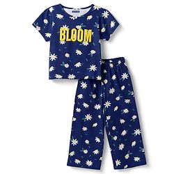 Pine Kids Cotton Knit Half Sleeves Top & Pyjama Night Suit  With Floral Print - Navy Blue