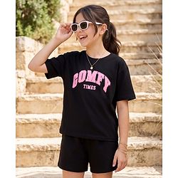 Pine Kids Cotton Knit Half Sleeves  T-Shirt Shorts Night Suit with Text Print - Black