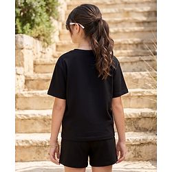 Pine Kids Cotton Knit Half Sleeves  T-Shirt Shorts Night Suit with Text Print - Black