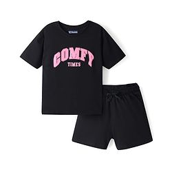 Pine Kids Cotton Knit Half Sleeves  T-Shirt Shorts Night Suit with Text Print - Black