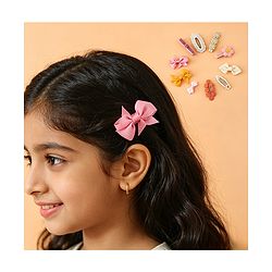 Pine Kids Hair Pins And Clips with Bow and Floral Applique Pack of 10 - Yellow