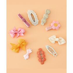 Pine Kids Hair Pins And Clips with Bow and Floral Applique Pack of 10 - Yellow