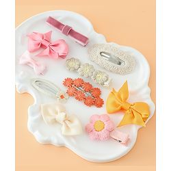Pine Kids Hair Pins And Clips with Bow and Floral Applique Pack of 10 - Yellow