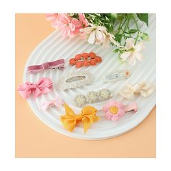 Pine Kids Hair Pins And Clips with Bow and Floral Applique Pack of 10 - Yellow