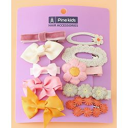 Pine Kids Hair Pins And Clips with Bow and Floral Applique Pack of 10 - Yellow