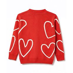 Pine Kids Knit Full Sleeves Front Open Sweater With Heart Design - Red