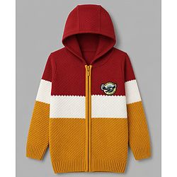 Pine Kids Knit Striped Full Sleeves Front Open Hooded Sweaters With Patch - Red