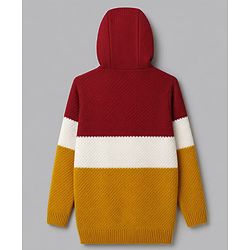 Pine Kids Knit Striped Full Sleeves Front Open Hooded Sweaters With Patch - Red