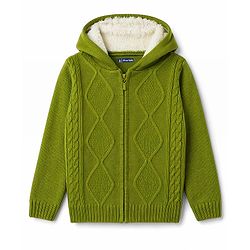 Pine Kids Knit Full Sleeves Hooded Front Open Solid Colour Sweater with Cable Knit Design - Green