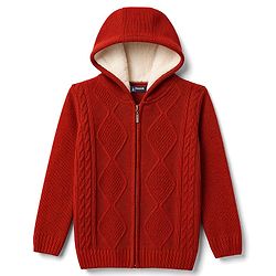 Pine Kids Knit Full Sleeves Solid Colour Hooded Front Open Sweater With Cable Knit Design - Rust Orange