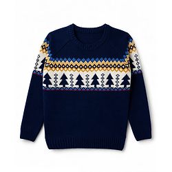 Pine Kids Knit Full Sleeves Pullovers With Tropical Design - Navy Blue