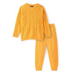 Pine Kids Knit Full Sleeves Sweater Set With Cable Knit Design - Mustard