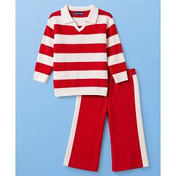 Pine Kids Knit Full Sleeves Polo Collar Striped Sweater Set -  Red & White