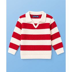 Pine Kids Knit Full Sleeves Polo Collar Striped Sweater Set -  Red & White