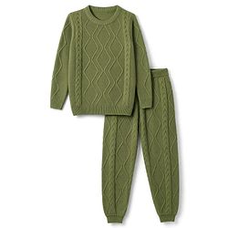 Pine Kids Knit Full Sleeves  Sweater Set With Cable Knit Design - Green