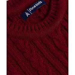 Pine Kids Knitted Full Sleeves Woolen Dress with Cable Knit Design - Red