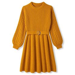 Pine Kids Knit Full Sleeves Solid Colour Sweater Dress with Belt & Cable Knit Design - Mustard