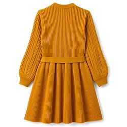 Pine Kids Knit Full Sleeves Solid Colour Sweater Dress with Belt & Cable Knit Design - Mustard