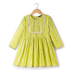 Pine Kids 100% Cotton Woven Full Sleeves Kurta Sharara Set With Dupatta & Lace Detailing  - Light Green