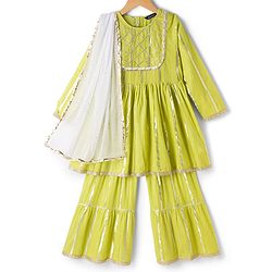 Pine Kids 100% Cotton Woven Full Sleeves Kurta Sharara Set With Dupatta & Lace Detailing  - Light Green