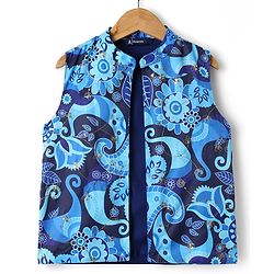 Pine Kids Woven Full Sleeves Floral Printed & Embroidered Kurta & Pyjama Set With Jacket - Navy Blue