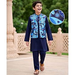Pine Kids Woven Full Sleeves Floral Printed & Embroidered Kurta & Pyjama Set With Jacket - Navy Blue