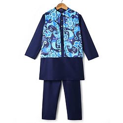Pine Kids Woven Full Sleeves Floral Printed & Embroidered Kurta & Pyjama Set With Jacket - Navy Blue